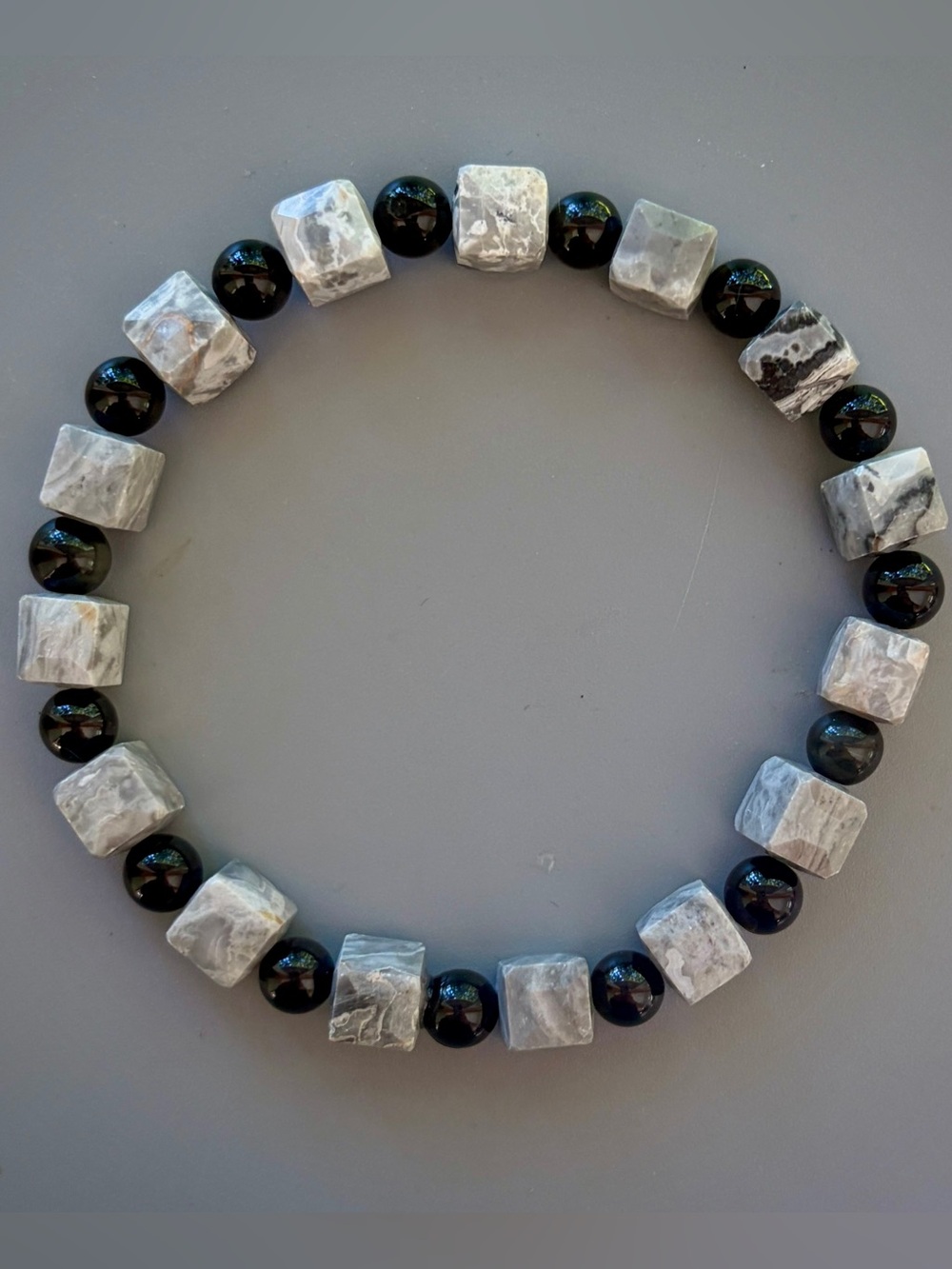 Gray Map Cubed Jasper Handcrafted Bead Bracelet